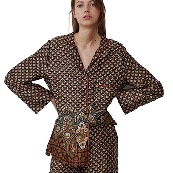 Zara Top Satin Blouse Geometric Print Shirt Size S • NEW WITH TAGS • - Picture 8 of 10